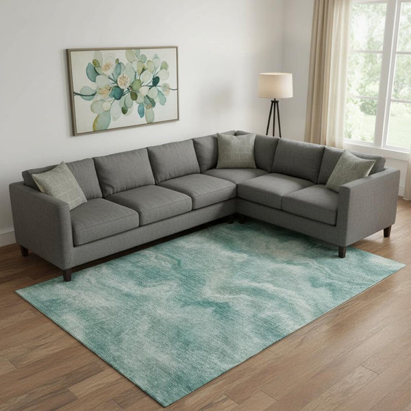 HomeRoots 10' X 14' Teal & Ivory Abstract Area Rug - Washable, UV Protected, Stain-Resistant for Busy Homes 717656