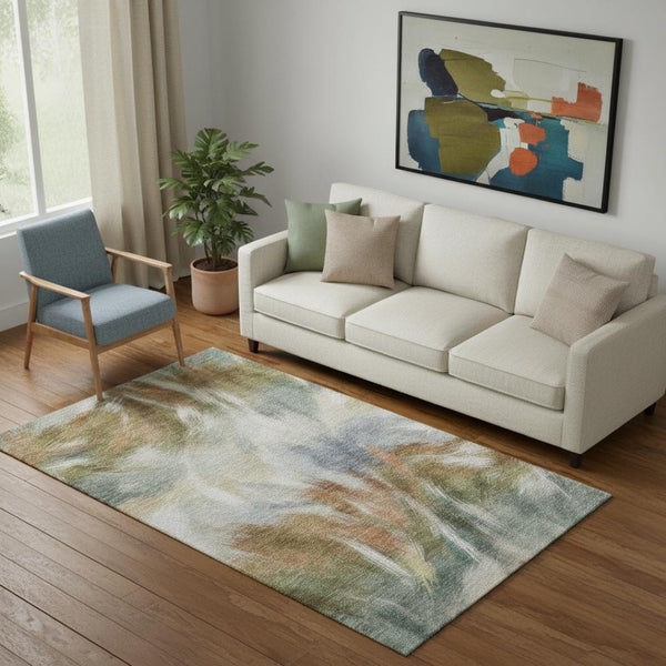 HomeRoots 8' Beige and Copper Abstract Round Rug - Stylish, Washable, UV-Protected, Pet-Friendly, Durable Design 717666