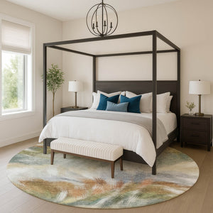 HomeRoots 8' x 10' Beige & Copper Abstract Washable Area Rug - Durable, UV-Protected, Easy-Care Design for Homes 717667