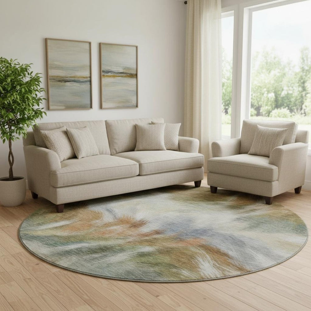 HomeRoots 8' x 10' Beige & Copper Abstract Washable Area Rug - Durable, UV-Protected, Easy-Care Design for Homes 717667