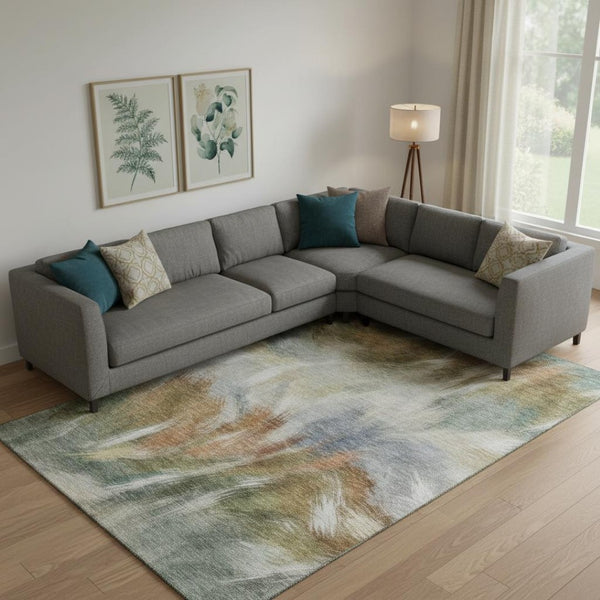 HomeRoots 9' X 12' Beige and Copper Abstract Area Rug – Washable, UV Protected, Stain Resistant for Modern Homes 717668