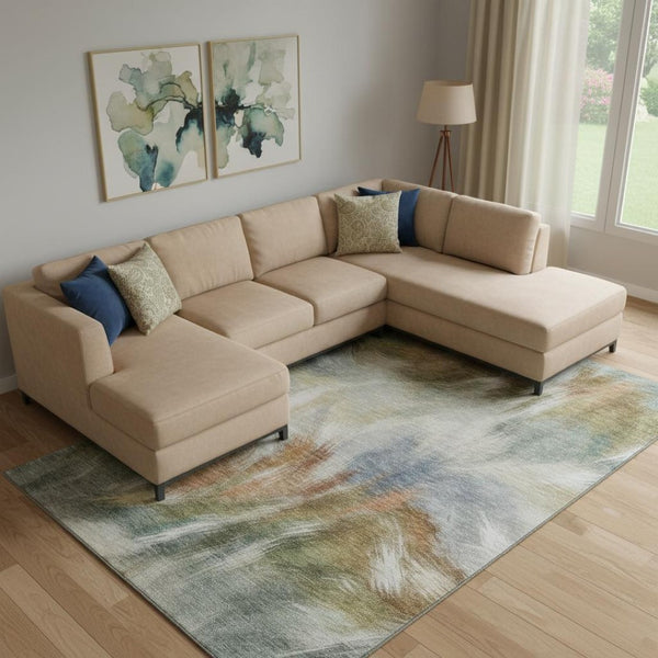 HomeRoots 10' Beige and Copper Abstract Washable Area Rug – Durable, UV Protected, Perfect for Large Spaces! 717669