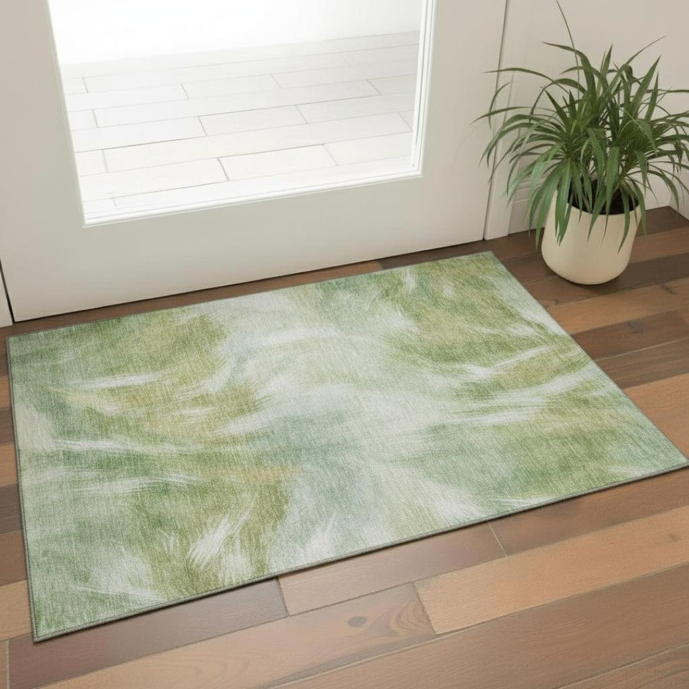 HomeRoots 5' X 8' Stylish Green And Ivory Abstract Washable Area Rug with UV Protection for High-Traffic Homes 717677