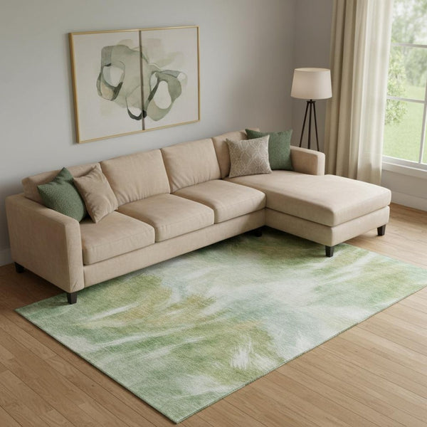 HomeRoots 10' X 14' Green and Ivory Abstract Rug - Washable, UV Protected, Stain Resistant for Busy Homes 717681