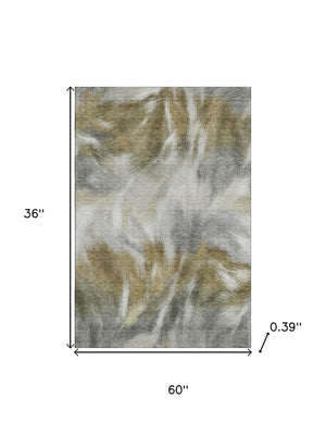 HomeRoots 5' X 8' Contemporary Pewter & Gold Abstract Washable Area Rug with UV Protection for Families 717683