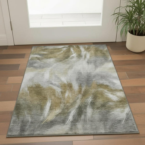 HomeRoots 5' X 8' Contemporary Pewter & Gold Abstract Washable Area Rug with UV Protection for Families 717683