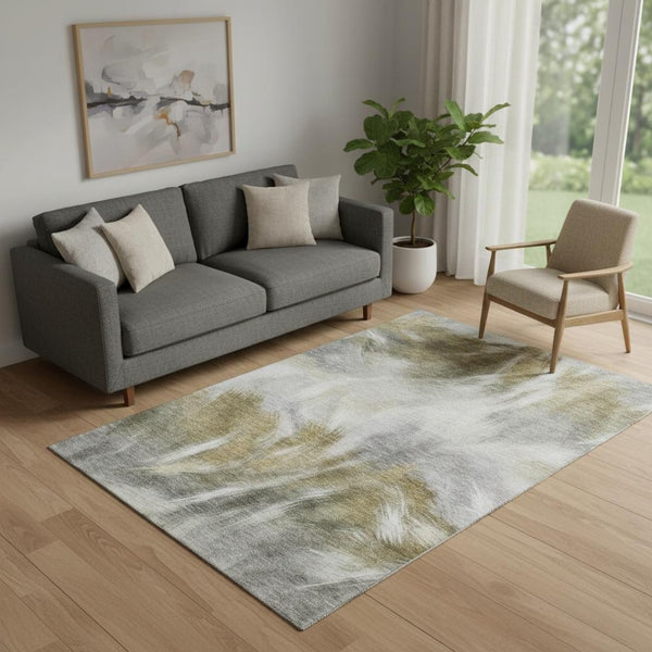 HomeRoots 8' Elegant Pewter and Gold Abstract Washable Round Rug – Stain-Resistant, UV Protected, Non-Slip! 717684