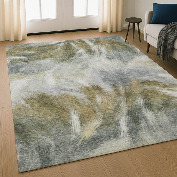 HomeRoots 10' X 14' Stylish Pewter and Gold Abstract Washable Area Rug with UV Protection for Modern Homes 717687