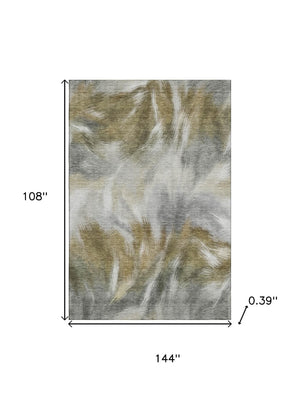 HomeRoots 10' X 14' Stylish Pewter and Gold Abstract Washable Area Rug with UV Protection for Modern Homes 717687