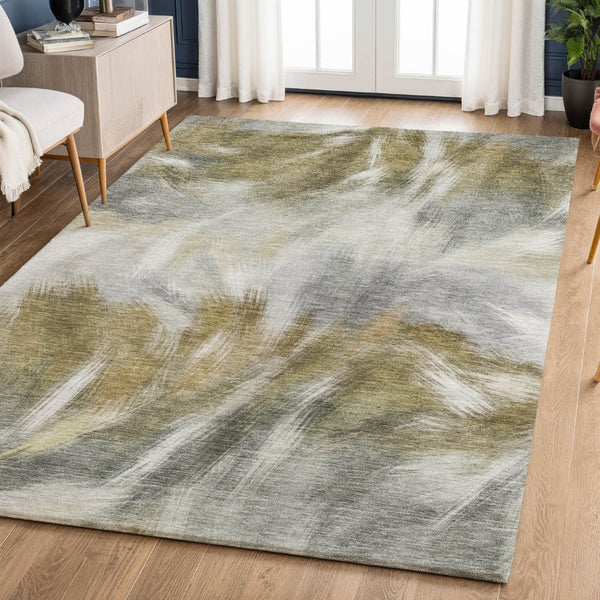 HomeRoots 10' X 14' Stylish Pewter and Gold Abstract Washable Area Rug with UV Protection for Modern Homes 717687