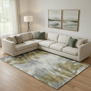 HomeRoots 10' X 14' Stylish Pewter and Gold Abstract Washable Area Rug with UV Protection for Modern Homes 717687