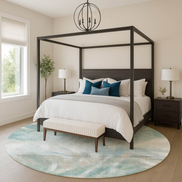 HomeRoots 8' X 10' Sky Blue & Ivory Abstract Area Rug - Washable, UV Protected, Perfect for Modern Spaces! 717691