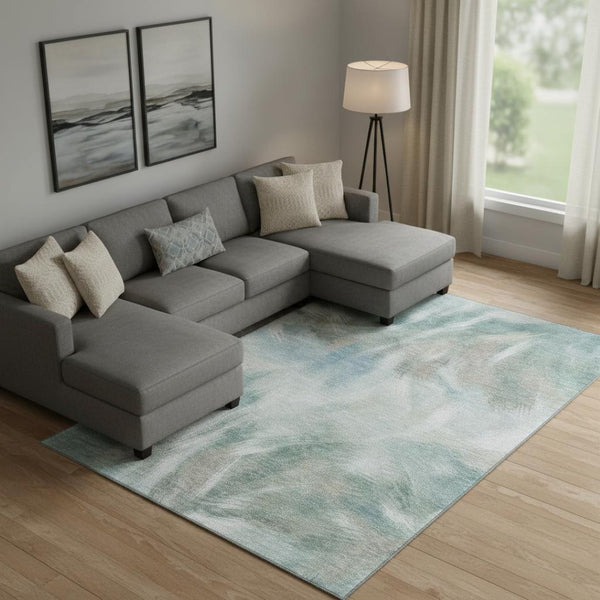 HomeRoots 10' Sky Blue & Ivory Abstract Area Rug - Washable, Stain-Resistant, UV Protected for Modern Spaces 717693