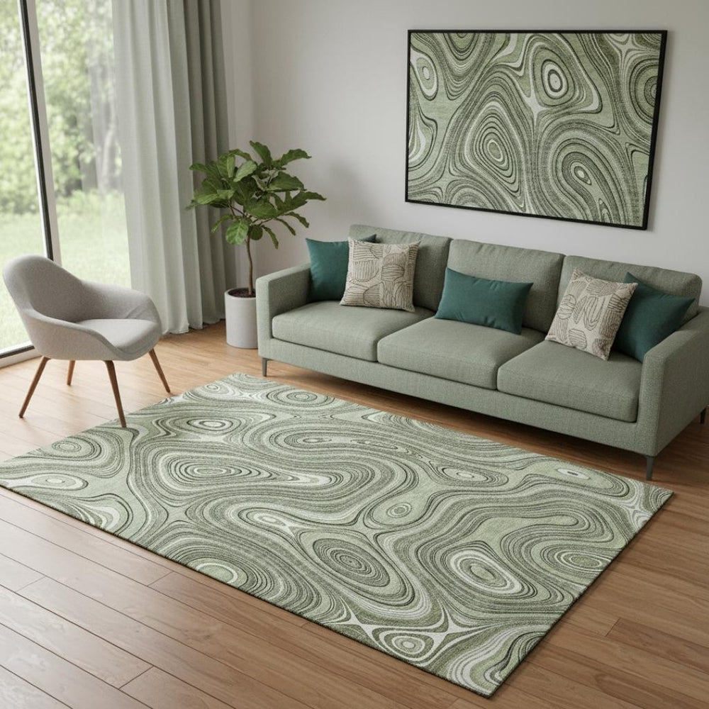 HomeRoots 8' Sage and Ivory Geometric Washable Round Rug – Durable, UV-Protected, Perfect for Homes with Pets! 717696