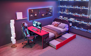 English Elm Full Size Wood Daybed with Twin Trundle Desk and Usb Charging for Teen Rooms Red LT000262AAR