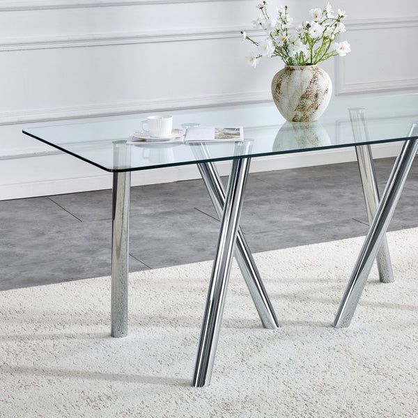 English Elm 71-inch Tempered Glass Dining Table Electroplated Metal Base Open Airy Modern Style White W3875S00005