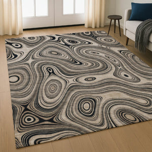 HomeRoots 8' Modern Beige & Charcoal Geometric Washable Round Rug with UV Protection for Busy Homes 717702