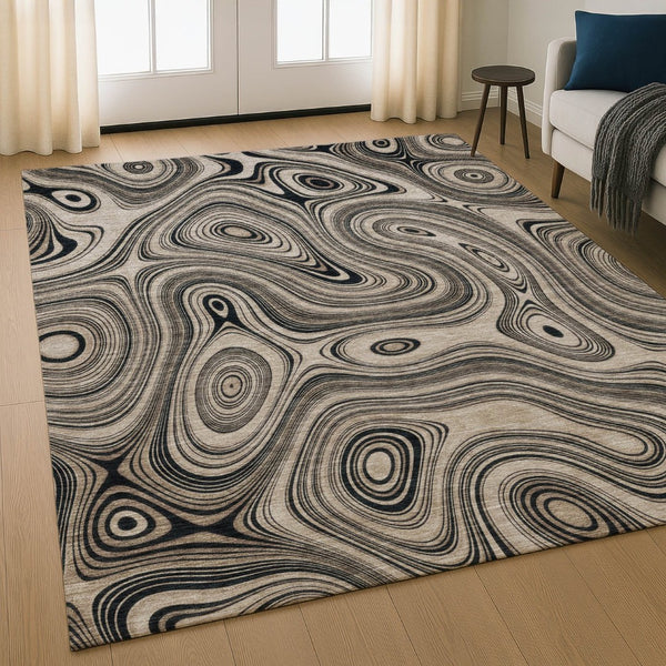 HomeRoots 8' Modern Beige & Charcoal Geometric Washable Round Rug with UV Protection for Busy Homes 717702