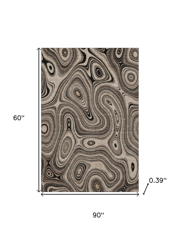 HomeRoots 8' Modern Beige & Charcoal Geometric Washable Round Rug with UV Protection for Busy Homes 717702