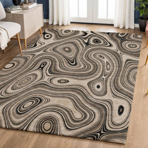 HomeRoots 8' Modern Beige & Charcoal Geometric Washable Round Rug with UV Protection for Busy Homes 717702