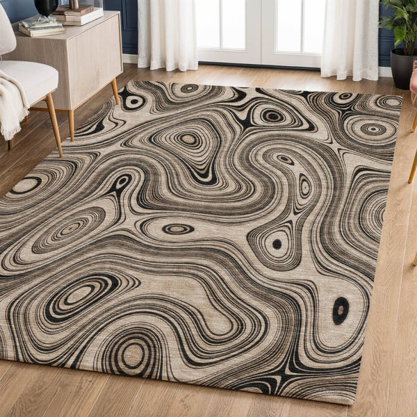 HomeRoots 8' Modern Beige & Charcoal Geometric Washable Round Rug with UV Protection for Busy Homes 717702