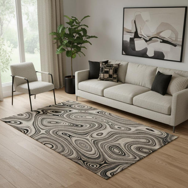 HomeRoots 8' Modern Beige & Charcoal Geometric Washable Round Rug with UV Protection for Busy Homes 717702