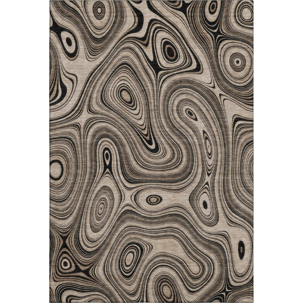 HomeRoots 9' X 12' Beige & Charcoal Geometric Area Rug - Machine Washable, UV Protected, Ideal for Families 717704