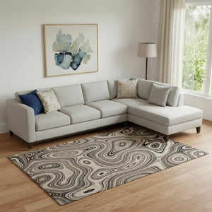 HomeRoots 9' X 12' Beige & Charcoal Geometric Area Rug - Machine Washable, UV Protected, Ideal for Families 717704