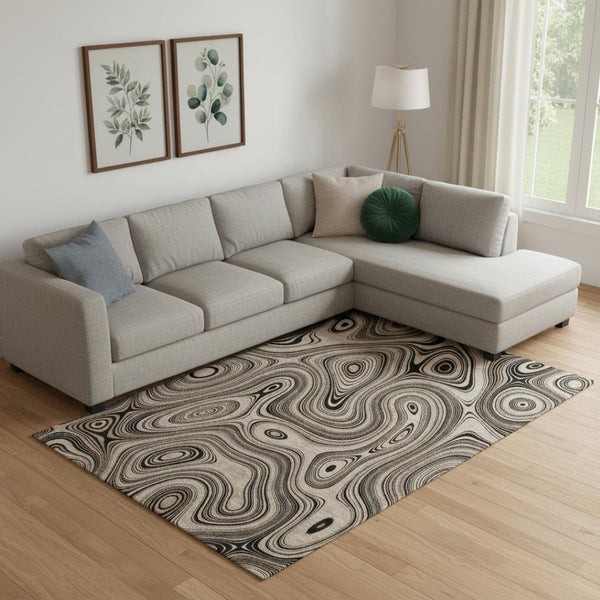 HomeRoots 10' X 14' Beige & Charcoal Geometric Washable Area Rug with UV Protection for Modern Living Spaces 717705