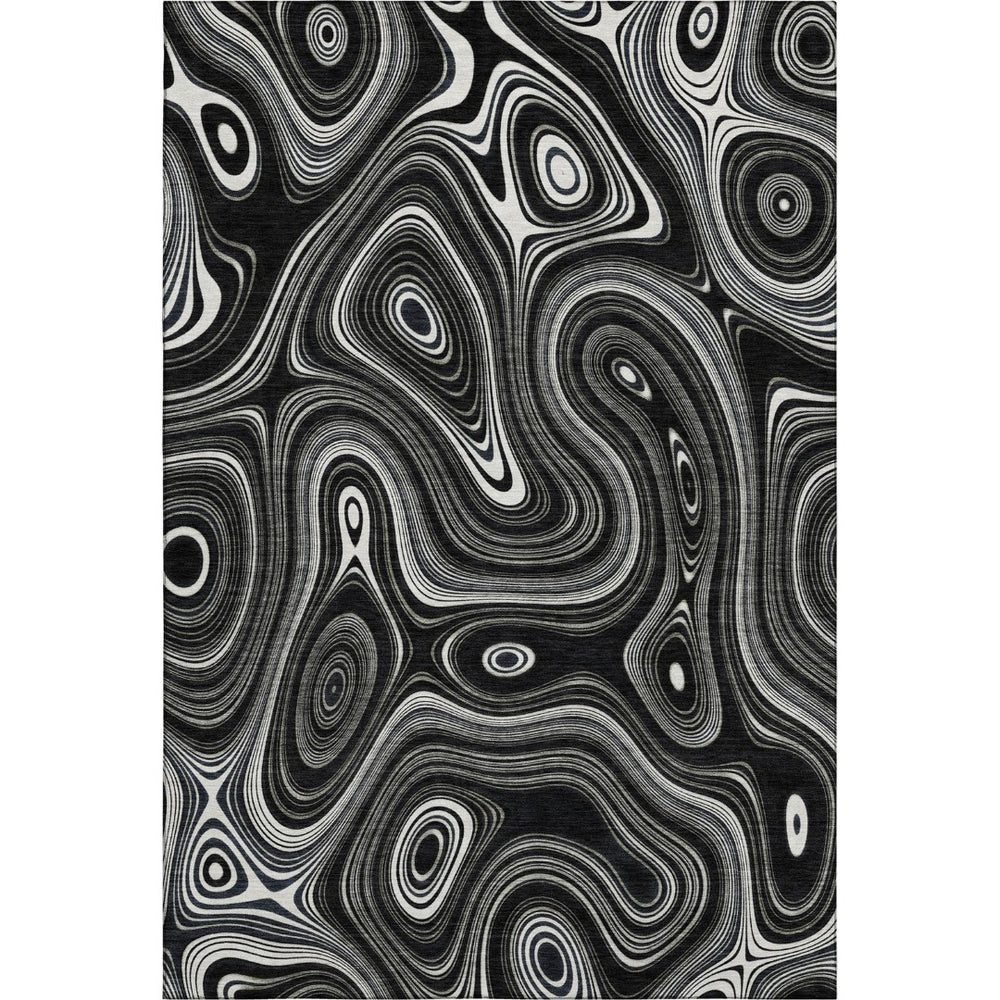 HomeRoots 8' Black and Ivory Geometric Round Rug - Washable, UV Protected, Durable Polyester for Modern Spaces 717708