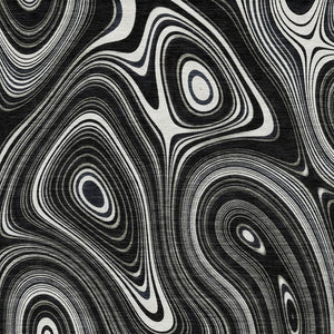 HomeRoots 8' Black and Ivory Geometric Round Rug - Washable, UV Protected, Durable Polyester for Modern Spaces 717708