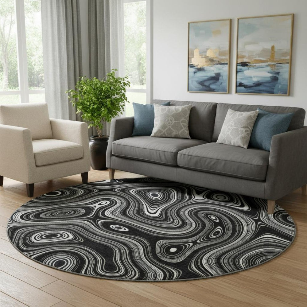 HomeRoots 8' X 10' Black and Ivory Geometric Washable Area Rug - Stylish, UV-Protected, Stain-Resistant Design 717709