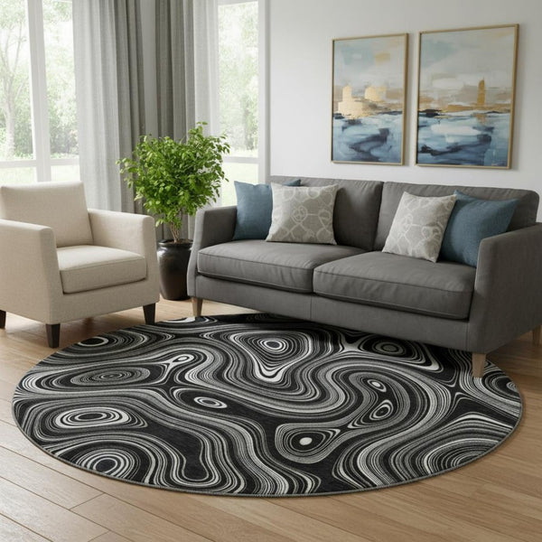 HomeRoots 8' X 10' Black and Ivory Geometric Washable Area Rug - Stylish, UV-Protected, Stain-Resistant Design 717709