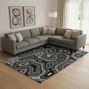 HomeRoots 9' X 12' Black And Ivory Geometric Washable Area Rug – Stylish, Durable, UV-Protected & Easy Care! 717710