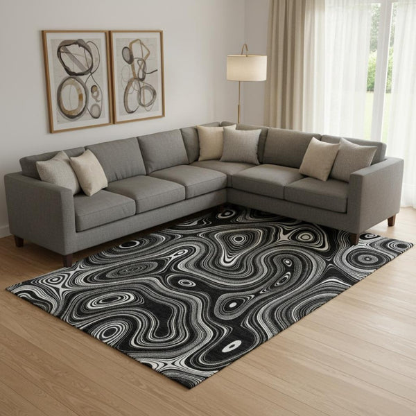 HomeRoots 9' X 12' Black And Ivory Geometric Washable Area Rug – Stylish, Durable, UV-Protected & Easy Care! 717710