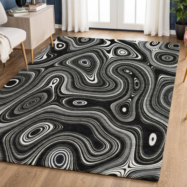 HomeRoots 10' X 14' Black and Ivory Geometric Area Rug - UV Protected, Washable, Durable for Busy Homes 717711