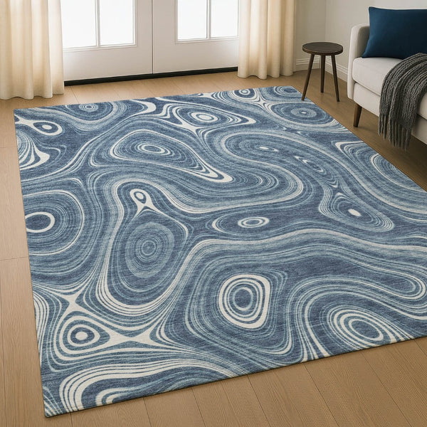 HomeRoots 5' X 8' Blue and Ivory Geometric Washable Area Rug with UV Protection for Family-Friendly Spaces 717713