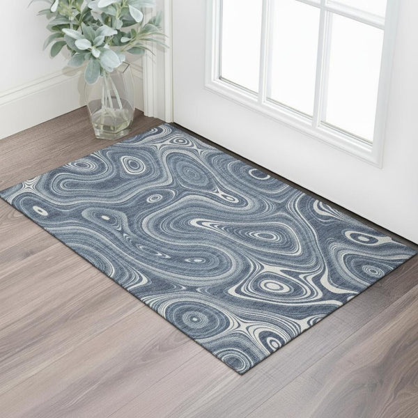 HomeRoots 5' X 8' Blue and Ivory Geometric Washable Area Rug with UV Protection for Family-Friendly Spaces 717713