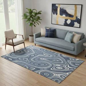 HomeRoots 8' Blue Geometric Washable Round Rug with Stain Resistance, UV Protection & Non-Slip Backing 717714