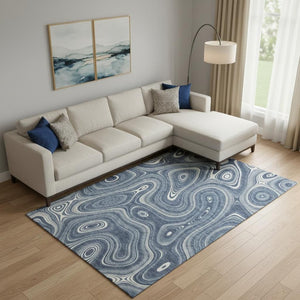 HomeRoots 9' X 12' Blue & Ivory Geometric Area Rug - Washable, UV-Protected, Durable, Non-Slip for All Spaces! 717716