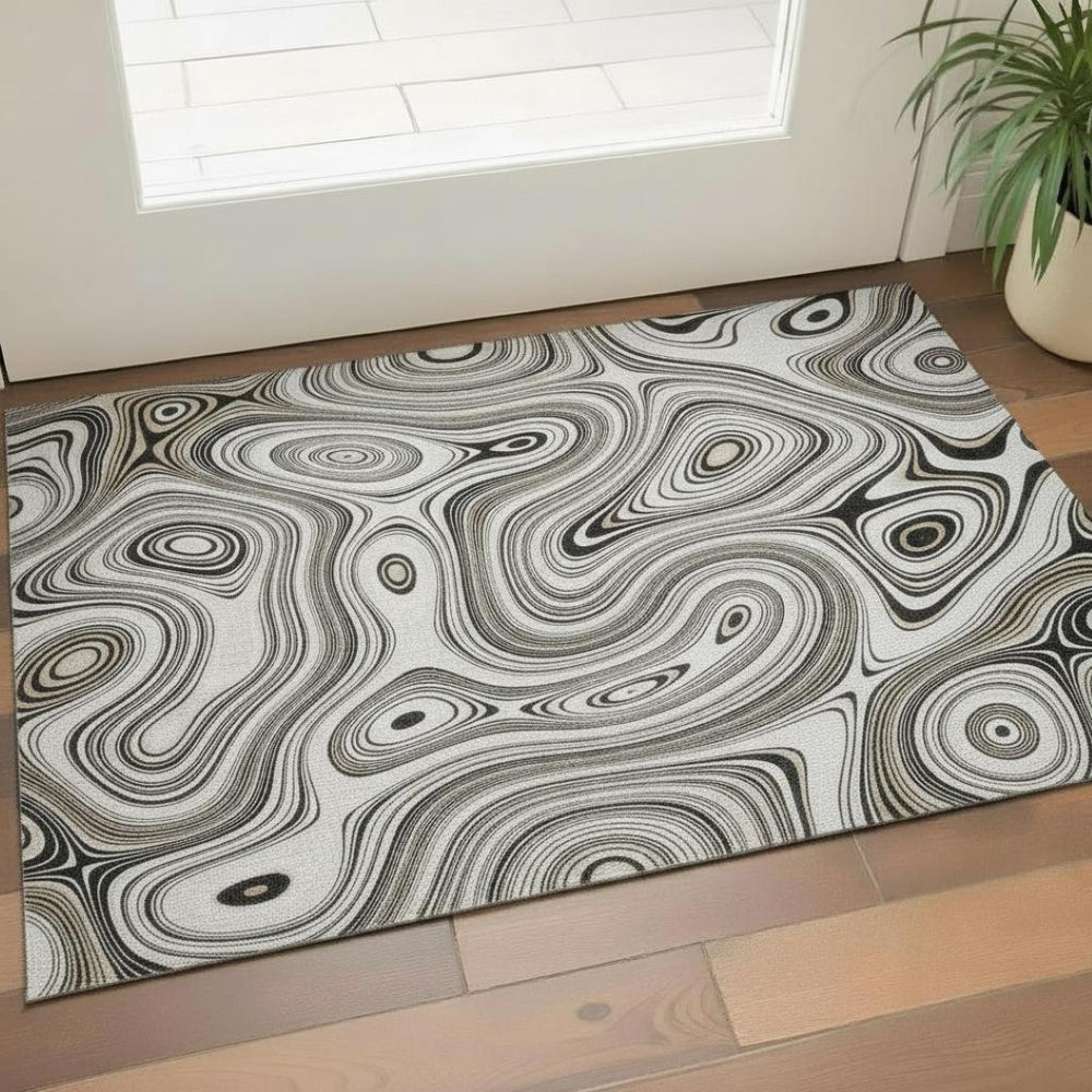 HomeRoots 5' X 8' Ivory & Charcoal Geometric Area Rug - Washable, UV-Protected, Durable for Kids & Pets 717725