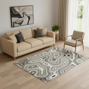 HomeRoots 8' Ivory and Charcoal Geometric Round Rug - Washable, UV-Protected, Pet-Friendly for Modern Homes 717726