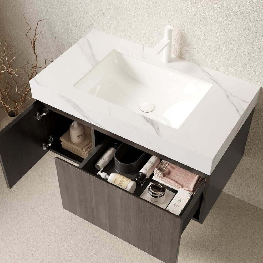 English Elm Muri Floating Bathroom Vanity Plywood Cabinet Sintered Stone Top Espresso Finish W2615S00458