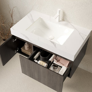 English Elm Muri Floating Bathroom Vanity Plywood Cabinet Sintered Stone Top Espresso Finish W2615S00458