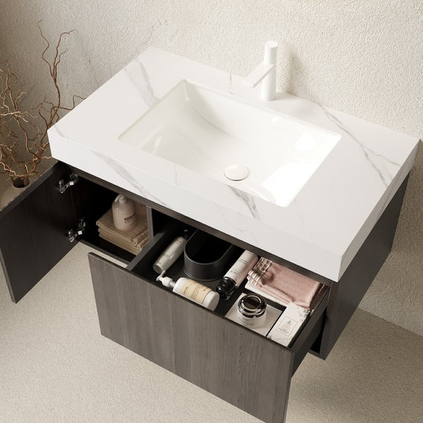 English Elm Muri Floating Bathroom Vanity Plywood Cabinet Sintered Stone Top Espresso Finish W2615S00458