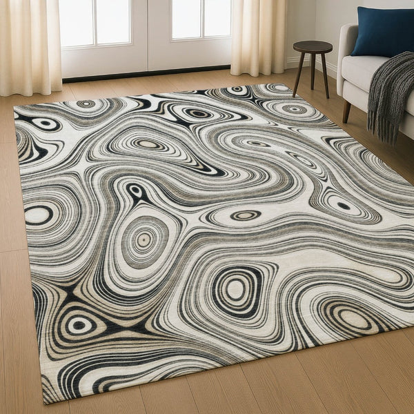 HomeRoots 9' X 12' Ivory And Charcoal Geometric Area Rug - Washable, UV-Protected, Durable for High Traffic Areas 717728