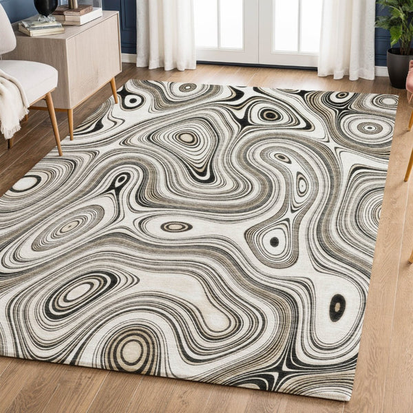HomeRoots 9' X 12' Ivory And Charcoal Geometric Area Rug - Washable, UV-Protected, Durable for High Traffic Areas 717728