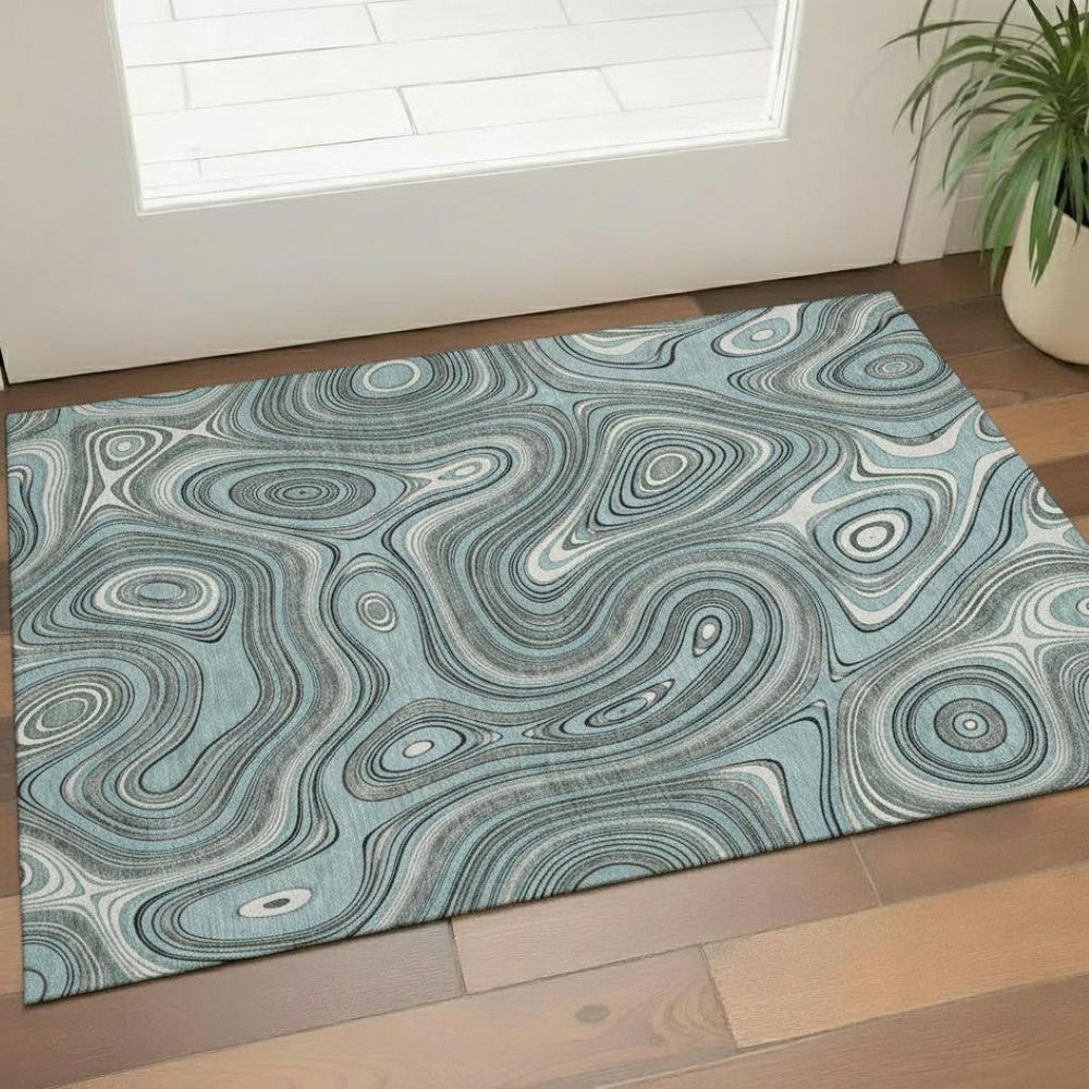 HomeRoots 5' X 8' Sky Blue & Ivory Geometric Area Rug – Washable, UV Protected, Kid & Pet Friendly, Non-Slip 717737