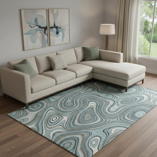 HomeRoots 9' X 12' Sky Blue Geometric Area Rug - Washable, UV Protected, Kid & Pet Friendly for Modern Homes 717740