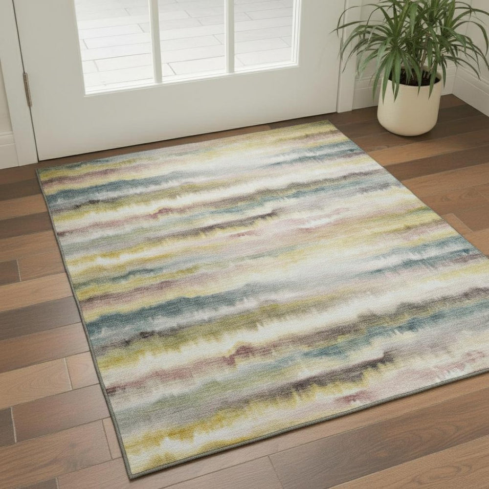 HomeRoots 5' X 8' Gold and Ivory Striped Area Rug - Machine Washable, Stain Resistant, UV Protected, Non-Slip 717745